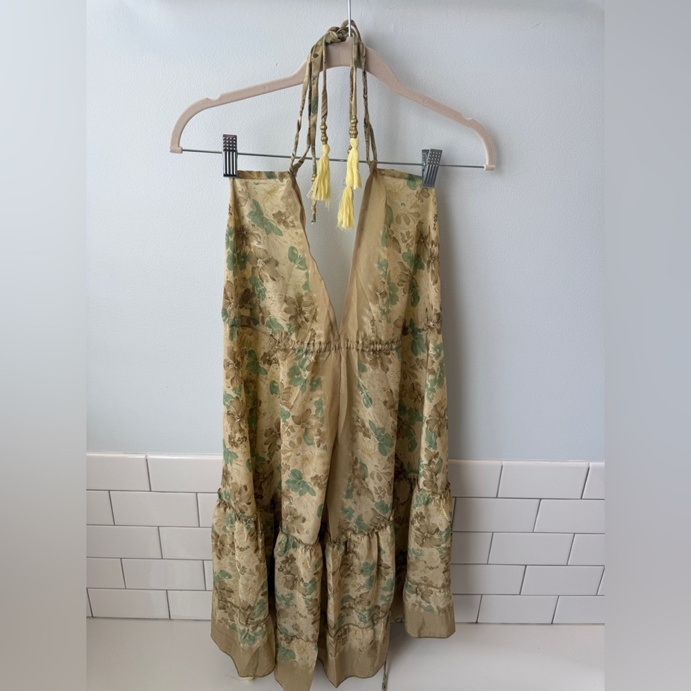 MT collection halter low back strappy dress, green gold pattern, NWT, one size